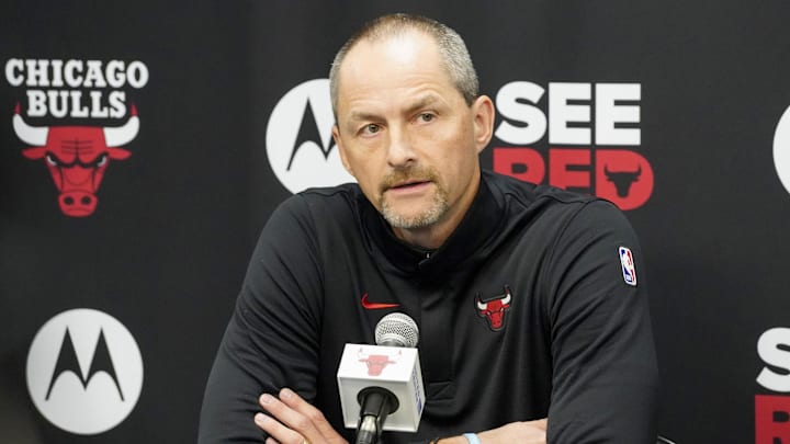 Sep 29, 2025; Chicago, IL, USA; Chicago Bulls Arturas Karnisovas, executive vice president of basketball operations talks to the press on Media Day. Mandatory Credit: David Banks-Imagn Images