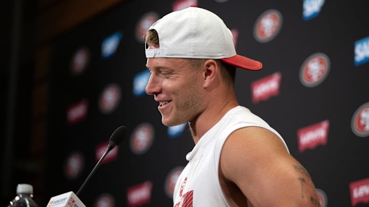 Jun 11, 2025; Santa Clara, CA, USA; San Francisco 49ers running back Christian McCaffrey speaks to the media following a team OTA at Levi's Stadium. Mandatory Credit: D. Ross Cameron-Imagn Images