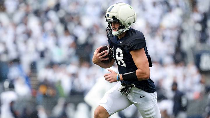 Penn State Nittany Lions tight end Benjamin Brahmer runs with the ball during practice at Beaver Stadium. 