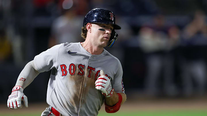 Sep 20, 2025; Tampa, Florida, USA; Boston Red Sox second baseman Romy Gonzalez (23) runs two first base  on a single against the Tampa Bay Rays in the eighth inning  at George M. Steinbrenner Field. Mandatory Credit: Nathan Ray Seebeck-Imagn Images