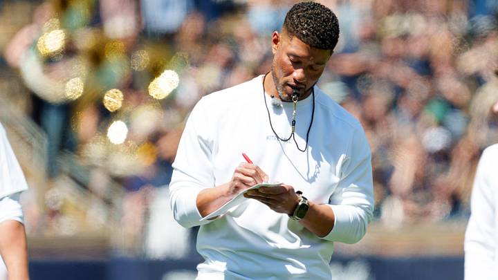 Notre Dame head coach Marcus Freeman during the Blue-Gold spring game at Notre Dame Stadium on Saturday, April 25, 2026, in South Bend. Notre Dame head coach Marcus Freeman during the Blue-Gold spring game at Notre Dame Stadium on Saturday, April 25, 2026, in South Bend.