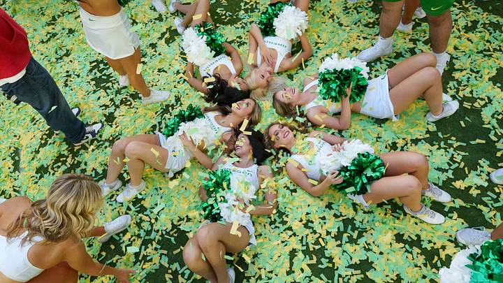 Oregon cheerleaders celebrate as the Oregon Ducks take on the Texas Tech Red Raiders in the Orange Bowl on Jan. 1, 2026, at Hard Rock Stadium in Miami, Florida.