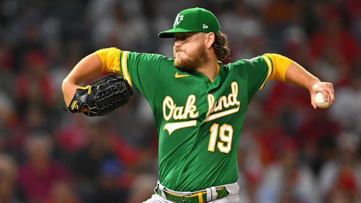 Sep 29, 2022; Anaheim, California, USA; Oakland Athletics starting pitcher Cole Irvin (19) throws to the plate in the third inning against the Los Angeles Angels at Angel Stadium. Mandatory Credit: Jayne Kamin-Oncea-Imagn Images Sep 29, 2022; Anaheim, California, USA; Oakland Athletics starting pitcher Cole Irvin (19) throws to the plate in the third inning against the Los Angeles Angels at Angel Stadium. Mandatory Credit: Jayne Kamin-Oncea-Imagn Images