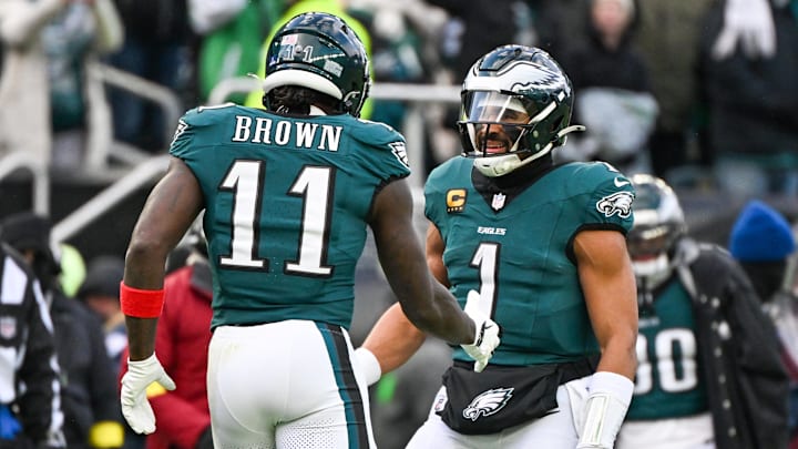 Dec 14, 2025; Philadelphia, Pennsylvania, USA; Philadelphia Eagles wide receiver A.J. Brown (11) and quarterback Jalen Hurts (1) celebrate after scoring a touchdown during the third quarter against the Las Vegas Raiders at Lincoln Financial Field. Mandatory Credit: Eric Hartline-Imagn Images Dec 14, 2025; Philadelphia, Pennsylvania, USA; Philadelphia Eagles wide receiver A.J. Brown (11) and quarterback Jalen Hurts (1) celebrate after scoring a touchdown during the third quarter against the Las Vegas Raiders at Lincoln Financial Field. Mandatory Credit: Eric Hartline-Imagn Images