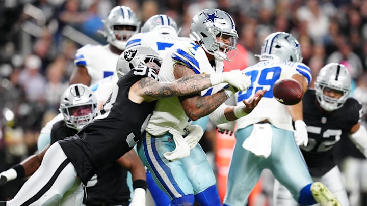 Nov 17, 2025; Paradise, Nevada, USA; Las Vegas Raiders defensive end Maxx Crosby (98) forces a fumble by Dallas Cowboys quarterback Dak Prescott (4) during the first half at Allegiant Stadium. Mandatory Credit: Stephen R. Sylvanie-Imagn Images