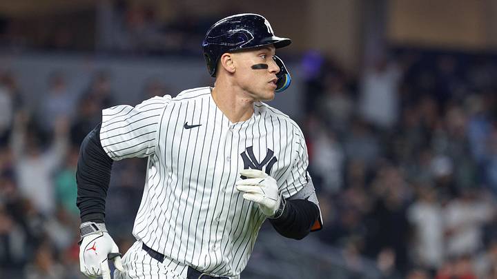 May 6, 2026; Bronx, New York, USA; New York Yankees right fielder Aaron Judge (99) runs the bases after hitting a solo home run during the sixth inning against the Texas Rangers at Yankee Stadium. Mandatory Credit: Vincent Carchietta-Imagn Images