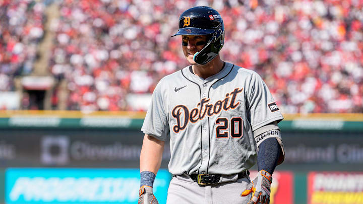 Detroit Tigers first baseman Spencer Torkelson (20) reacts after striking out against Cleveland Guardians during the second inning at Game 5 of ALDS at Progressive Field in Cleveland, Ohio, on Saturday, Oct. 12, 2024.