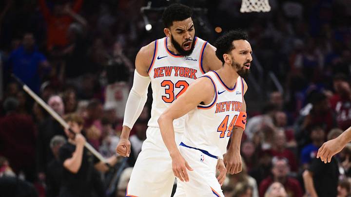 May 25, 2026; Cleveland, Ohio, USA; New York Knicks center Karl-Anthony Towns (32) celebrates a shot made by guard Landry Shamet (44) in the second quarter against the Cleveland Cavaliers during game four of the eastern conference finals for the 2026 NBA playoffs at Rocket Arena. Mandatory Credit: Ken Blaze-Imagn Images May 25, 2026; Cleveland, Ohio, USA; New York Knicks center Karl-Anthony Towns (32) celebrates a shot made by guard Landry Shamet (44) in the second quarter against the Cleveland Cavaliers during game four of the eastern conference finals for the 2026 NBA playoffs at Rocket Arena. Mandatory Credit: Ken Blaze-Imagn Images
