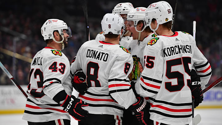 Apr 18, 2024; Los Angeles, California, USA; Chicago Blackhawks celebrate the goal scored by center Ryan Donato (8) against the Los Angeles Kings during the third period at Crypto.com Arena. Mandatory Credit: Gary A. Vasquez-USA TODAY Sports