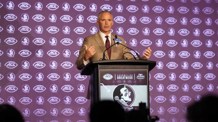 Jul 22, 2024; Charlotte, NC, USA; Florida State head coach Mike Norvell speaks to the media during ACC Kickoff at Hilton Charlotte Uptown. Mandatory Credit: Jim Dedmon-USA TODAY Sports Jul 22, 2024; Charlotte, NC, USA; Florida State head coach Mike Norvell speaks to the media during ACC Kickoff at Hilton Charlotte Uptown. Mandatory Credit: Jim Dedmon-USA TODAY Sports