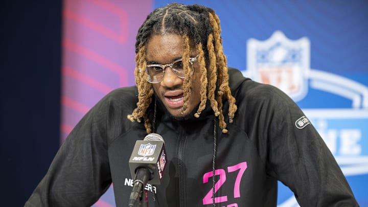 East Carolina defensive back Shavon Revel during the 2025 NFL Combine at Lucas Oil Stadium. 