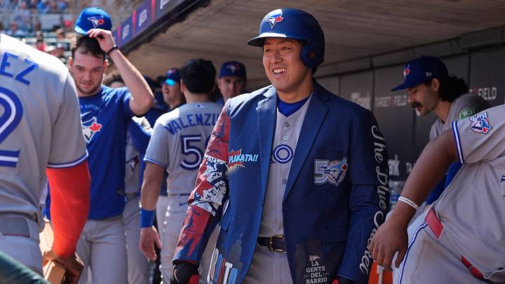 May 2, 2026; Minneapolis, Minnesota, USA; Toronto Blue Jays third baseman Kazuma Okamoto (7) celebrates his solo home run against the Minnesota Twins in the sixth inning at Target Field. Mandatory Credit: Bruce Kluckhohn-Imagn Images