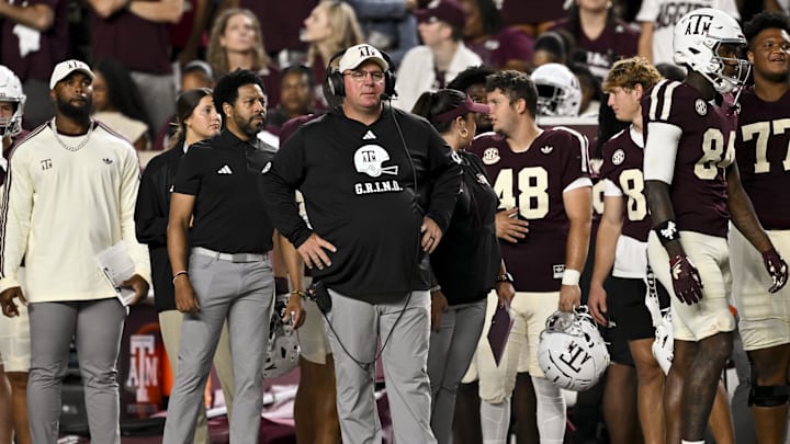 Oct 11, 2025; College Station, Texas, USA; Texas A&M Aggies head coach Mike Elko looks on during the third quarter against the Florida Gators at Kyle Field. Mandatory Credit: Maria Lysaker-Imagn Images 