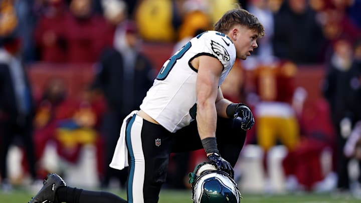 Dec 22, 2024; Landover, Maryland, USA; Philadelphia Eagles cornerback Cooper DeJean (33) reacts during the second quarter against the Washington Commanders at Northwest Stadium. Dec 22, 2024; Landover, Maryland, USA; Philadelphia Eagles cornerback Cooper DeJean (33) reacts during the second quarter against the Washington Commanders at Northwest Stadium.