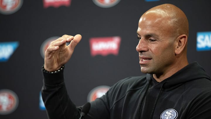 Jun 11, 2025; Santa Clara, CA, USA; San Francisco 49ers defensive coordinator Robert Saleh speaks to the media following a team OTA at Levi's Stadium. Mandatory Credit: D. Ross Cameron-Imagn Images Jun 11, 2025; Santa Clara, CA, USA; San Francisco 49ers defensive coordinator Robert Saleh speaks to the media following a team OTA at Levi's Stadium. Mandatory Credit: D. Ross Cameron-Imagn Images