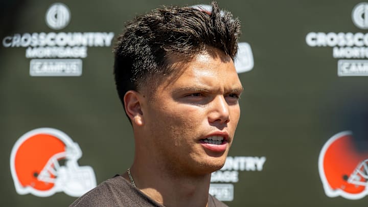 May 10, 2025; Berea, OH, USA; Cleveland Browns quarterback Dillon Gabriel (5) talks to the media during rookie minicamp at CrossCountry Mortgage Campus. Mandatory Credit: Ken Blaze-Imagn Images