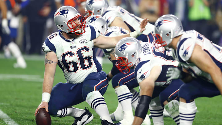 Feb 1, 2015; Glendale, AZ, USA; New England Patriots center Bryan Stork (66) reacts against the Seattle Seahawks in Super Bowl XLIX at University of Phoenix Stadium. Mandatory Credit: Mark J. Rebilas-Imagn Images
