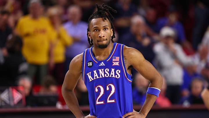 Mar 3, 2026; Tempe, Arizona, USA; Kansas Jayhawks guard Darryn Peterson (22) against the Arizona State Sun Devils at Desert Financial Arena. Mandatory Credit: Mark J. Rebilas-Imagn Images