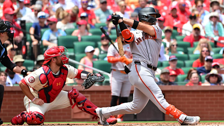 Jun 22, 2024; St. Louis, Missouri, USA; St. Louis Cardinals catcher Pedro Pages (43) catches as San Francisco Giants outfielder Michael Conforto (8) bats against the St. Louis Cardinals at Busch Stadium. Mandatory Credit: Tim Vizer-Imagn Images