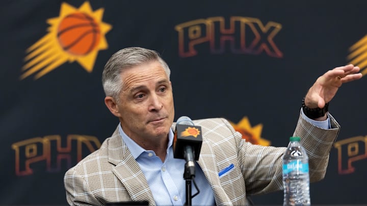 Jun 10, 2025; Scottsdale, AZ, USA; Phoenix Suns general manager Brian Gregory during an introductory press conference at the Verizon 5g Performance Center. Mandatory Credit: Mark J. Rebilas-Imagn Images
