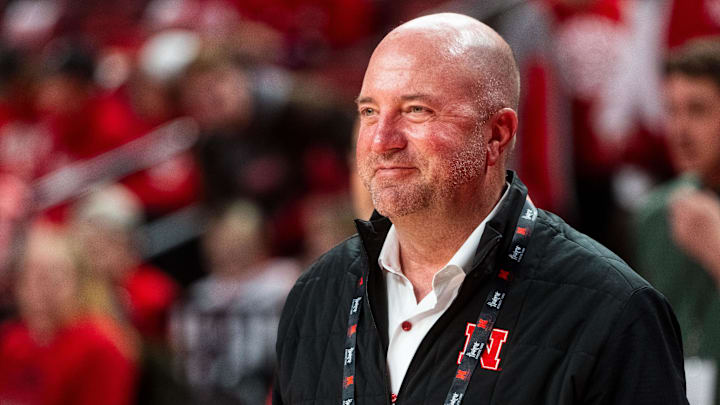 Nov 4, 2024; Lincoln, Nebraska, USA; Nebraska Cornhuskers Athletic Director Troy Dannen watches warmups before the game against the UT Rio Grande Valley Vaqueros at Pinnacle Bank Arena.