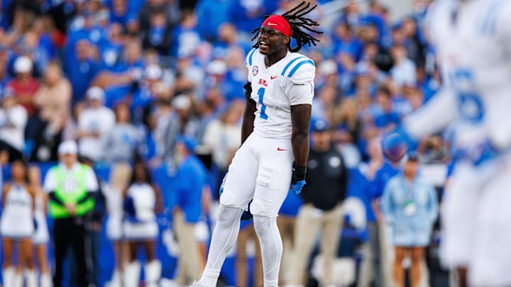 Sep 6, 2025; Lexington, Kentucky, USA; Mississippi Rebels defensive end Princewill Umanmielen (1) reacts after a defensive stop during the fourth quarter against the Kentucky Wildcats at Kroger Field. Mandatory Credit: Jordan Prather-Imagn Images