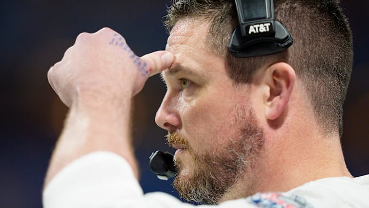 Oregon head coach Dan Lanning watches as Indiana scores as the Oregon Ducks face the Indiana Hoosiers in the Peach Bowl on Jan. 9, 2026, at Mercedes-Benz Stadium in Atlanta, Georgia.