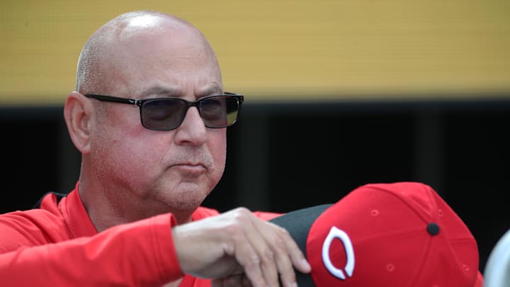 May 19, 2025; Pittsburgh, Pennsylvania, USA;  Cincinnati Reds manager Terry Francona (77) looks on from the dugout before the game against the Pittsburgh Pirates at PNC Park. Mandatory Credit: Charles LeClaire-Imagn Images