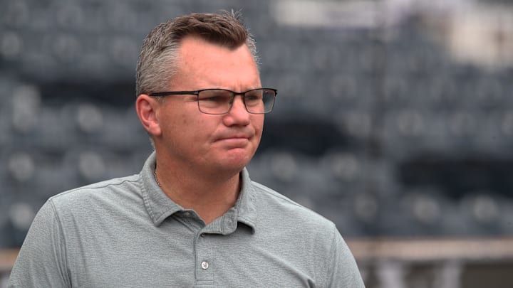 Apr 19, 2025; Pittsburgh, Pennsylvania, USA;  Pittsburgh Pirates general manager Ben Cherington observes batting practice before the game against the Cleveland Guardians   at PNC Park. Mandatory Credit: Charles LeClaire-Imagn Images