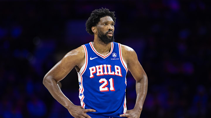 Feb 20, 2025; Philadelphia, Pennsylvania, USA; Philadelphia 76ers center Joel Embiid (21) looks on during the third quarter against the Boston Celtics at Wells Fargo Center. Mandatory Credit: Bill Streicher-Imagn Images