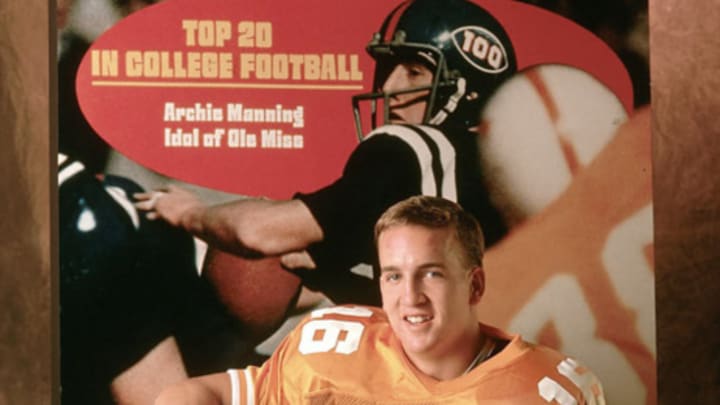 Peyton Manning poses in front of a background of his father Archie Manning's September 1970 Sports Illustrated cover during his own 1996 Sports Illustrated photoshoot. Peyton Manning poses in front of a background of his father Archie Manning's September 1970 Sports Illustrated cover during his own 1996 Sports Illustrated photoshoot.