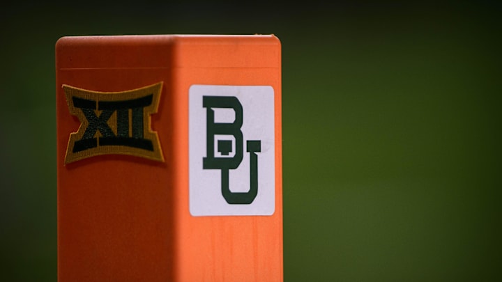 Nov 16, 2019; Waco, TX, USA; A view of an end zone pylon and the Big 12 logo and the Baylor university logo during the game between the Bears and the Sooners at McLane Stadium. Mandatory Credit: Jerome Miron-Imagn Images