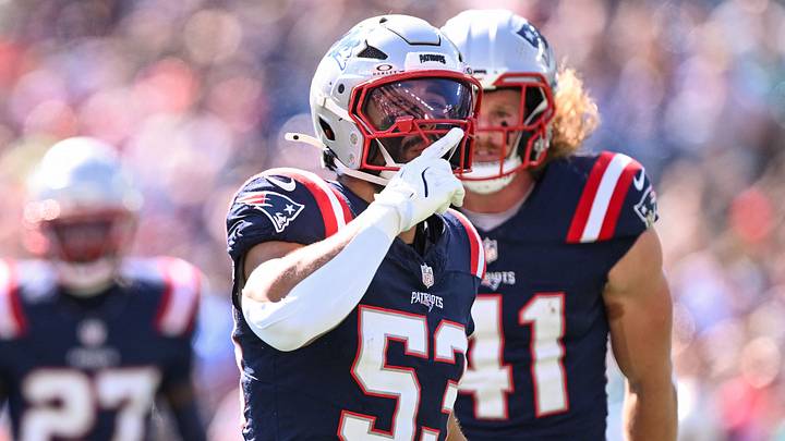 Oct 6, 2024; Foxborough, Massachusetts, USA; New England Patriots linebacker Christian Elliss (53) reacts after making a tackle against the Miami Dolphins during the first half at Gillette Stadium. Mandatory Credit: Brian Fluharty-Imagn Images Oct 6, 2024; Foxborough, Massachusetts, USA; New England Patriots linebacker Christian Elliss (53) reacts after making a tackle against the Miami Dolphins during the first half at Gillette Stadium. Mandatory Credit: Brian Fluharty-Imagn Images