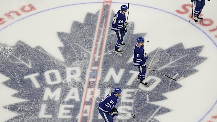 May 18, 2025; Toronto, Ontario, CAN; Toronto Maple Leafs forward Scott Laughton (24), forward Max Domi (11) and forward John Tavares (91) during warm up before game seven of the second round of the 2025 Stanley Cup Playoffs against the Florida Panthers at Scotiabank Arena. Mandatory Credit: John E. Sokolowski-Imagn Images May 18, 2025; Toronto, Ontario, CAN; Toronto Maple Leafs forward Scott Laughton (24), forward Max Domi (11) and forward John Tavares (91) during warm up before game seven of the second round of the 2025 Stanley Cup Playoffs against the Florida Panthers at Scotiabank Arena. Mandatory Credit: John E. Sokolowski-Imagn Images
