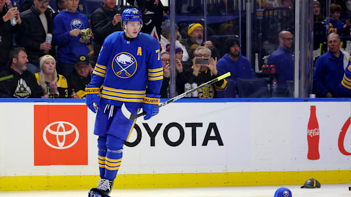 Jan 28, 2025; Buffalo, New York, USA;  Buffalo Sabres center Tage Thompson (72) reacts after scoring his third goal of the game during the third period against the Boston Bruins at KeyBank Center. Mandatory Credit: Timothy T. Ludwig-Imagn Images