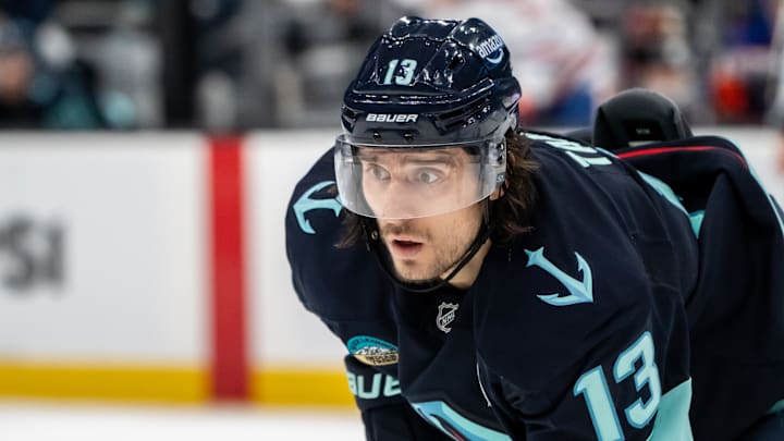 Jan 4, 2025; Seattle, Washington, USA;  Seattle Kraken forward Brandon Tanev (13) is pictured during a game against the Edmonton Oilers at Climate Pledge Arena. Mandatory Credit: Stephen Brashear-Imagn Images