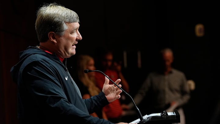 Georgia coach Kirby Smart speaks to the media on the first day of fall practice in Athens, Georgia, on Thursday, July 31, 2025.