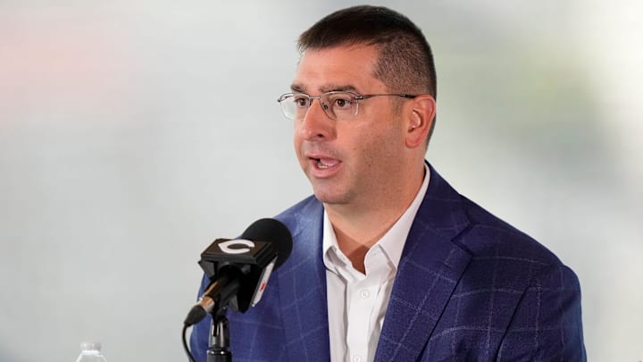 President of Baseball Operations Nick Krall takes questions during an event to introduce the new manager of the Cincinnati Reds at Great American Ball Park in downtown Cincinnati on Monday, Oct. 7, 2024.