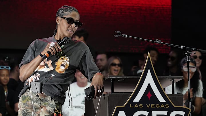 Las Vegas Aces guard Sydney Colson speaks during the Las Vegas Aces championship parade.