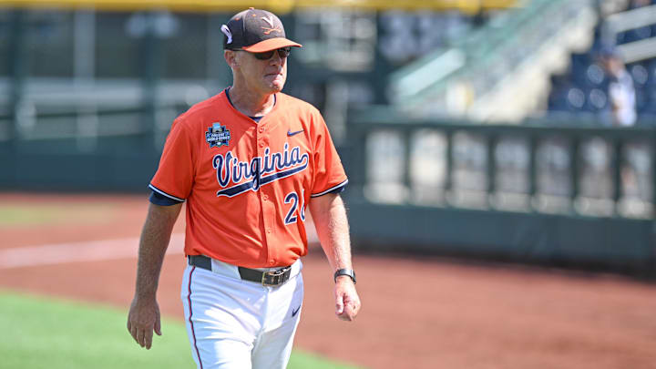 Jun 16, 2024; Omaha, NE, USA;  Virginia Cavalier head coach Brian O'Connor walks off the field after the loss against the Florida State Seminoles at Charles Schwab Field Omaha. Mandatory Credit: Steven Branscombe-Imagn Images