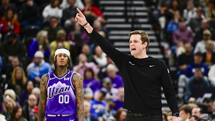 Mar 4, 2024; Salt Lake City, Utah, USA; Utah Jazz head coach Will Hardy calls a play against the Washington Wizards during the second half at the Delta Center. Mandatory Credit: Christopher Creveling-Imagn Images
