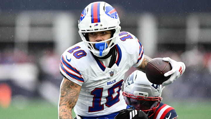 Dec 14, 2025; Foxborough, Massachusetts, USA; Buffalo Bills wide receiver Khalil Shakir (10) runs against the New England Patriots during the first half at Gillette Stadium.