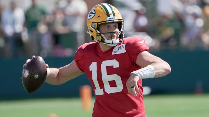 Green Bay Packers quarterback Sean Clifford (16) is shown during a joint practice with the Seattle Seahawks Thursday, August 21, 2025 in Green Bay, Wisconsin.