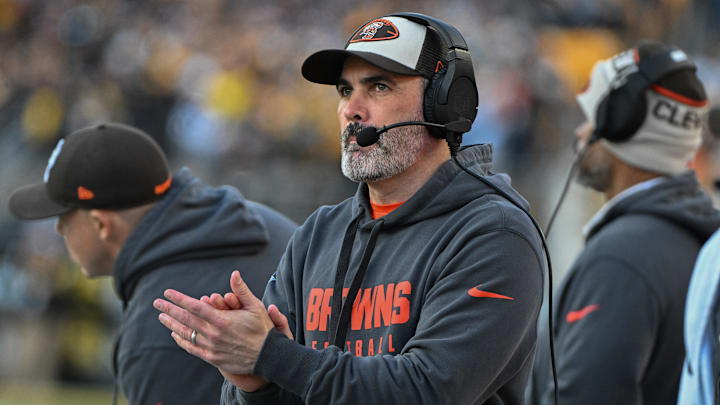 Dec 8, 2024; Pittsburgh, Pennsylvania, USA; Cleveland Browns head coach Kevin Stefanski reacts against the Pittsburgh Steelers during the fourth quarter at Acrisure Stadium. Mandatory Credit: Barry Reeger-Imagn Images
