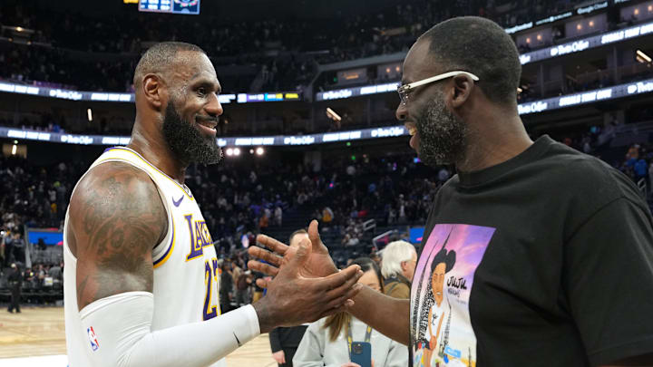 Jan 25, 2025; San Francisco, California, USA; Los Angeles Lakers forward LeBron James talks with Golden State Warriors forward Draymond Green after the game at Chase Center. Jan 25, 2025; San Francisco, California, USA; Los Angeles Lakers forward LeBron James talks with Golden State Warriors forward Draymond Green after the game at Chase Center.