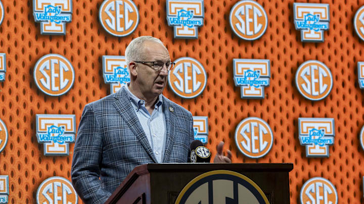 Oct 15, 2025; Birmingham, AL, USA; SEC commissioner Greg Sankey introduces Tennessee Volunteers head coach Kim Caldwell at during SEC Media Days at Grand Bohemian Hotel. Mandatory Credit: Vasha Hunt-Imagn Images