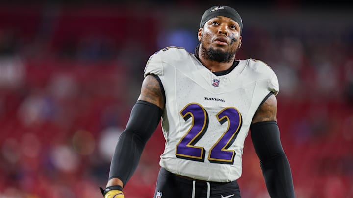 Oct 21, 2024; Tampa, Florida, USA; Baltimore Ravens running back Derrick Henry (22) warms up before a game against the Tampa Bay Buccaneers at Raymond James Stadium. Mandatory Credit: Nathan Ray Seebeck-Imagn Images