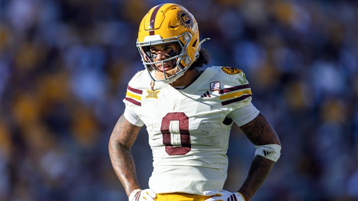Oct 18, 2025; Tempe, Arizona, USA; Arizona State Sun Devils wide receiver Jordyn Tyson (0) against the Texas Tech Red Raiders at Mountain America Stadium. Mandatory Credit: Mark J. Rebilas-Imagn Images