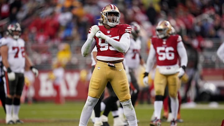 Dec 11, 2022; Santa Clara, California, USA; San Francisco 49ers defensive end Drake Jackson (95) celebrates after the 49ers made a defensive stop on fourth down against the Tampa Bay Buccaneers in the fourth quarter at Levi's Stadium. Mandatory Credit: Cary Edmondson-Imagn Images Dec 11, 2022; Santa Clara, California, USA; San Francisco 49ers defensive end Drake Jackson (95) celebrates after the 49ers made a defensive stop on fourth down against the Tampa Bay Buccaneers in the fourth quarter at Levi's Stadium. Mandatory Credit: Cary Edmondson-Imagn Images