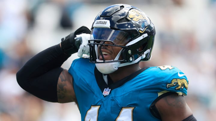 Jacksonville Jaguars defensive end Travon Walker (44) flexes after a sack on Houston Texans quarterback CJ. Stroud (7) during the first quarter of an NFL football matchup at EverBank Stadium, Sunday, Sept. 21, 2025, in Jacksonville, Fla. The Jaguars defeated the Texans 17-10.